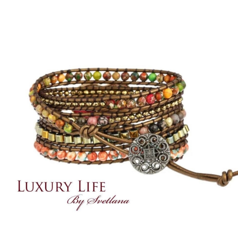 Handmade Unisex Leather Gemstone Wrap Bracelet - Picture 2 of 3